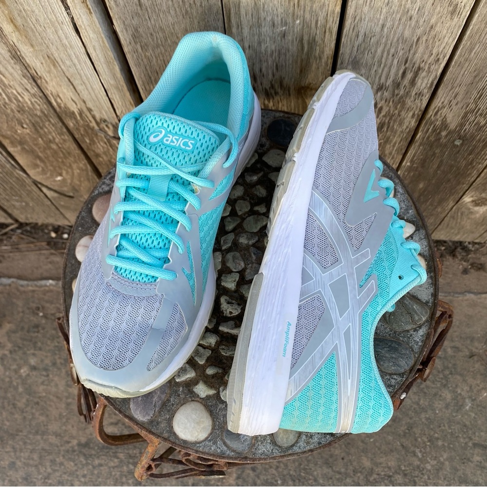 Asics Size 8 Amplica Sneakers Gray Aqua Blue Amplifoam Lace-up Athletic Shoes